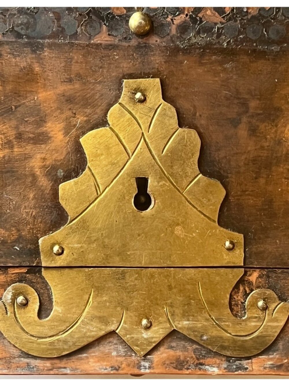 Antique Anglo-Indian Coper Clad Wood Box Brass Hardware & Handles c.1900 Patina - Picture 5 of 16